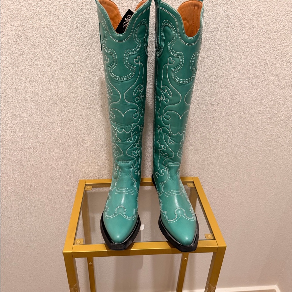Ganni Green Knee High Cowboy Boots - Picture 2 of 8
